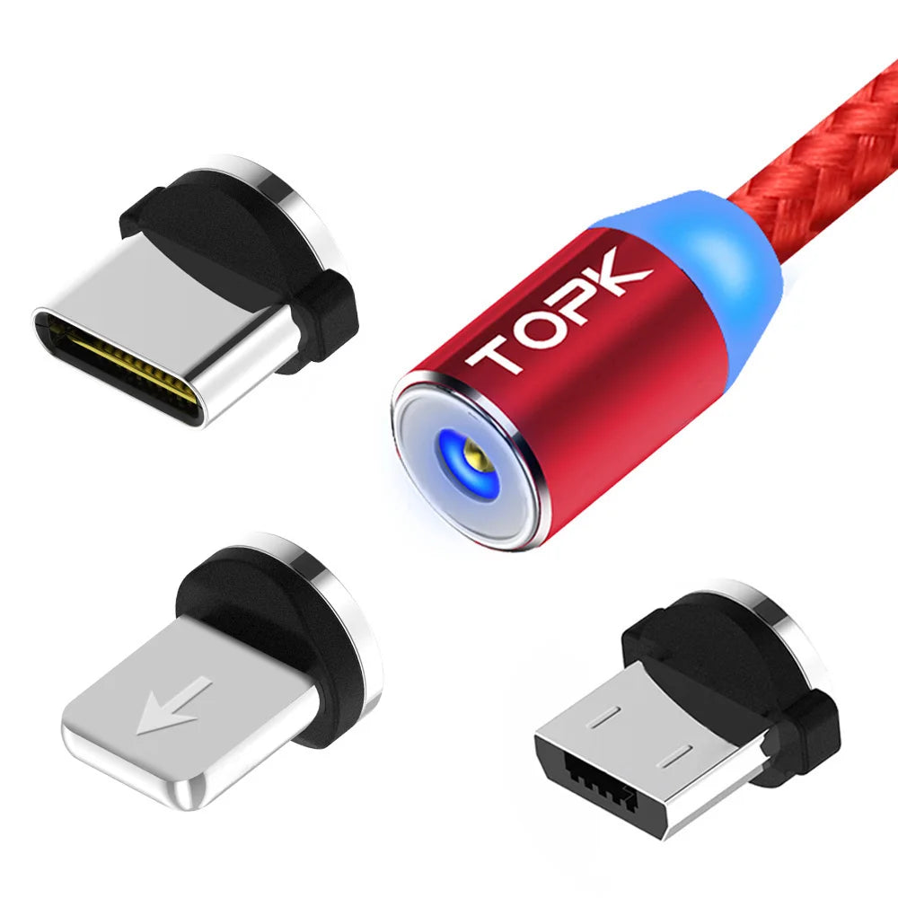 Magnetic Charging Cable 3 IN 1 TOPK 360 Degree Rotating Magnetic Phone Charger Cable Nylon Braided Magnetic Micro USB C Cable